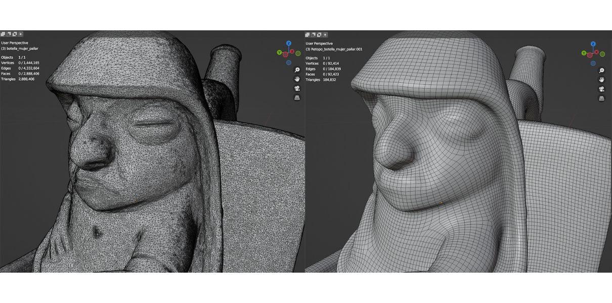 Figura 3: Optimizaci&oacute;n de la malla tridimensional de la pieza EBBCE00000-59, n&oacute;tese la reducci&oacute;n de pol&iacute;gonos. 